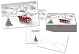 LPG PERFORMING ARTS BOXED CHRISTMAS CARDS Red Truck with Glitter Embellishment, Full Color Designed Envelopes, Beautiful Keepsake Box (14 glitter cards, 14 coordinating envelopes)