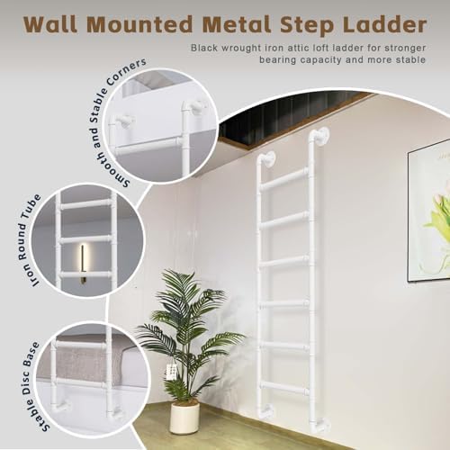 Wall Mounted Attic Loft Ladder 4ft-9ft, Customizable Size, Wrought Iron Emergency Climbing Ladder for High Sleeper Bunk Beds & Egress Window Wells - Durable & Safe