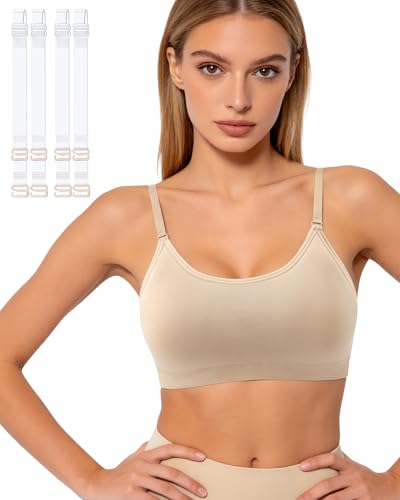 HotGains Clear Strap Bra Womens Bras Wireless Nude Bra Dance Bra Nude Sports Bra Bralette with Padding Adjustable Straps
