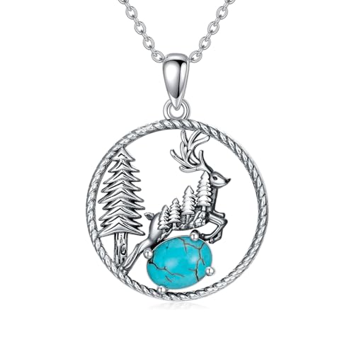 Deer Necklace 925 Sterling Silver Genuine Turquoise Forest Deer Pendant Vintage Western Jewelry Gifts for Women