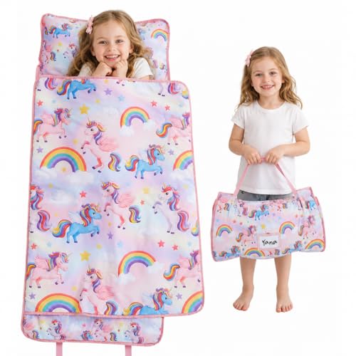 Image of Viviland Toddler Kid Nap Mat for Preschool, Girls Colorful Unicorn Slumber Bag, Daycare Sleeping Bag with Pillow and Blanket, Kindergarten Sleep Mat