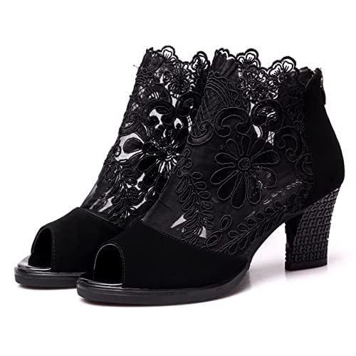 Women's Flowers Lace Fish Mouth Open Toe High Heels Sandals with Back Zipper Cutout Breathable Non-Slip Block Heeled Ankle Bootie Sandals Fashion Wedding Party Dress Shoes2
