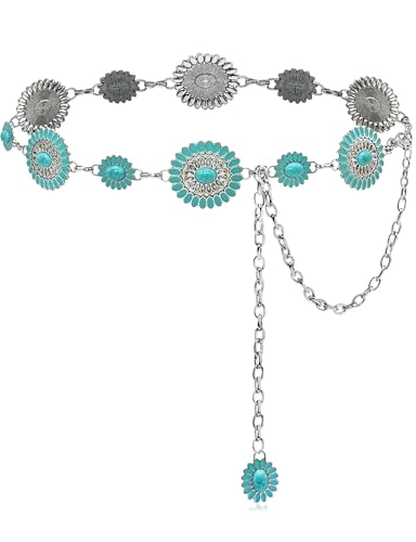 Image of Turquoise Chain Belt for Women, Western Cowgirl Concho Belt | Turquoise Concho Accents with Silver Chains for Western, Cowgirl, Rodeo, Festival and Denim Looks