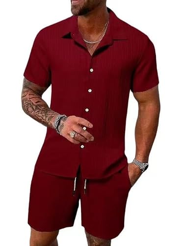 Generic - Men's Summer Beach Outfits - 2 Piece Short Sleeve Shirt and Shorts Texture Linen Set, Burgundy, XXL - Best Deal on Amazon