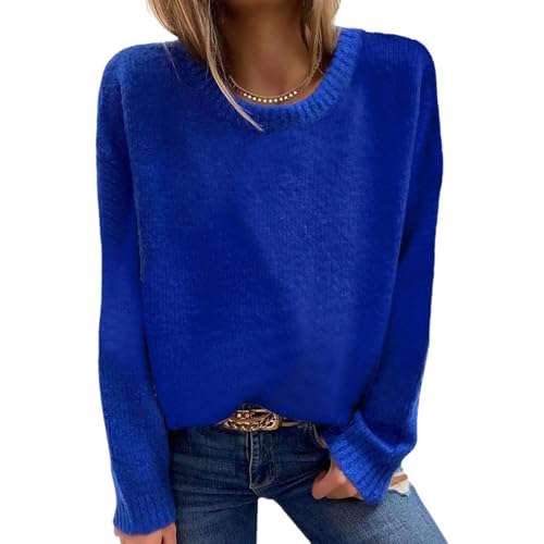 BPJZIM Women's Royal Blue Round Neck Knit Sweater Loose Fit