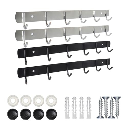 Cosstream Hakenleiste Küche - 4 Stück Edelstahl Küchenhalterung Kleiderhaken mit 6 Haken 32cm Garderobenhaken für Schlafzimmer, Schrank, Badezimmer, Küche Hängeleiste Stange