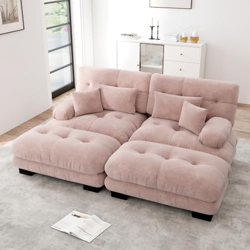 Luonians Sofá esquinero Cloud para sala de estar, Causa acolchada en chenille, sofá de 2 plazas chaise longue con 2 cojines lumbares, con reposabrazos anchos y 2 reposapiés, chenille (rosa)
