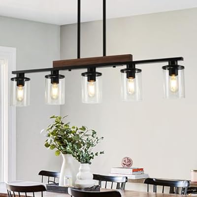 36.2" Kitchen Island Lighting,5-Light Dining Room Light Fixture/Chandelier Over Table,Black Modern Rustic Wood Ceiling Pendant Light Fixtures, with Clear Glass Shade,Farmhouse Chandelier