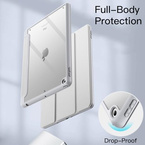 JETech iPad 10.2インチ ケース（第9/8/7世代、2021/2020/2019モデル用） Pencil収納可能 透明バックカバー 薄型 スタンド 衝撃吸収 タブレットカバー オートウェイク/スリープ機能 (シルバー)