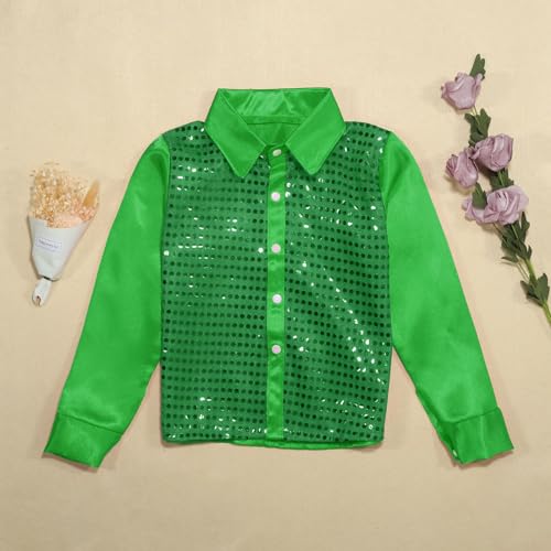 Kids Girls Sparkly Sequins Dance Top Boys Long Sleeve Button Down Shirt for Jazz Dance Long Sleeve (Green, 7-8 Years)3