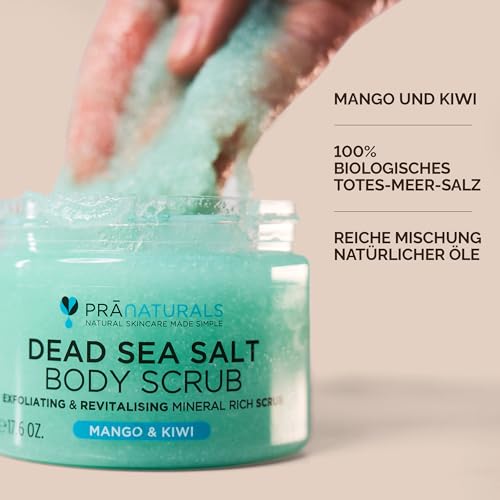 PraNaturals Revitalising Dead Sea Body Scrub 500g, 100% Organic Nourishing Skin Exfoliating Salt Scrub, Rich in Natural Minerals for All Skin Types, Blended with Mango & Kiwi Fruit Oils