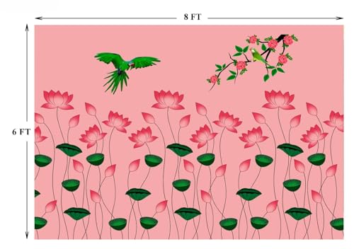 Image of zeonely mart Pink Lotus Backdrop Decoration Cloth| varalakshmi Pooja Backdrop Cloth | Background Decoration Cloth| Traditional Backdrop Cloth Pink Colour (8FT-6 FT) Lakshmi Pooja Background