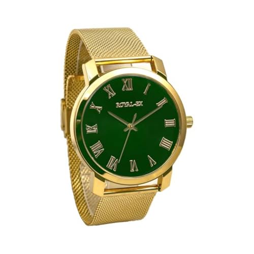 Image of Royalex Mens Golden Watch with Mesh Chain and Green Dial with Roman Numbers
