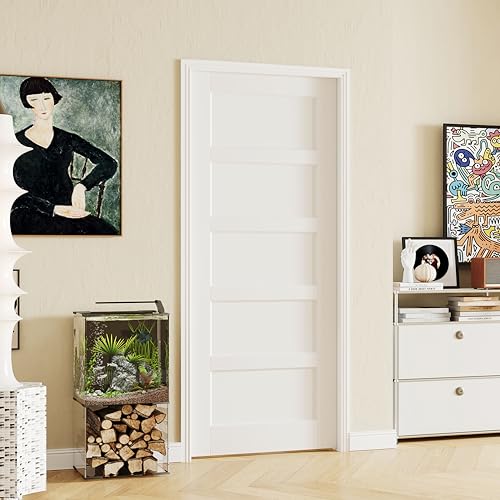 Image of 32 inch x 80 inch Pantry Doors, 5 Panel Solid MDF Core Closet & Pocket Door, Single Pre-Finished & Paintable Interior Door Slab, White Primed (Hinges Not Included)
