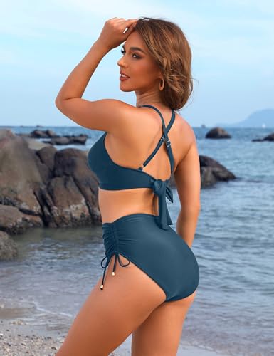Image of Blooming Jelly Womens High Waisted Bikini Sets Drawstring Tummy Control Swimsuits Crisscross Tie Back Bathing Suit