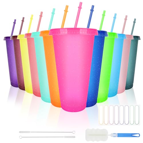 BELICOO 12 Pack Color Changing Cups 24oz Plastic Cups with Straws & Lids Reusable Iced Coffee Cup Cold Water Cup Set for Travel Party