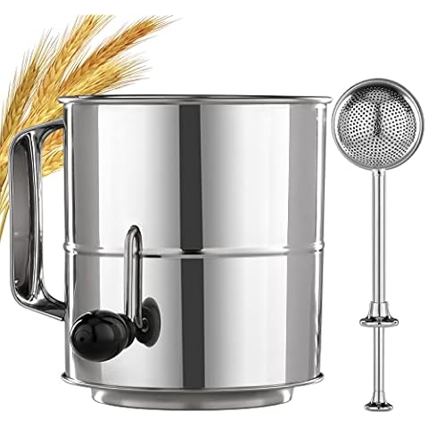 PIQUEBAR Flour Sifter - 5 Cup Fine Mesh Hand Crank Sifter Stainless Steel with Agitator Wire Loop for Baking, Powdered Sugar Duster Set Cover