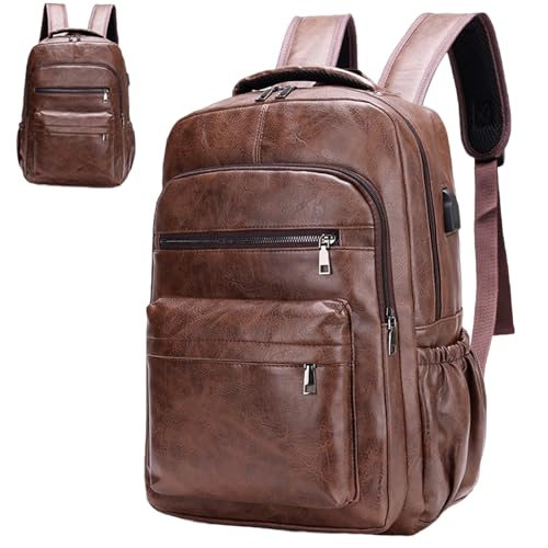 Mochila de piel marrón para hombre con compartimentos 28x14x40 cm 2