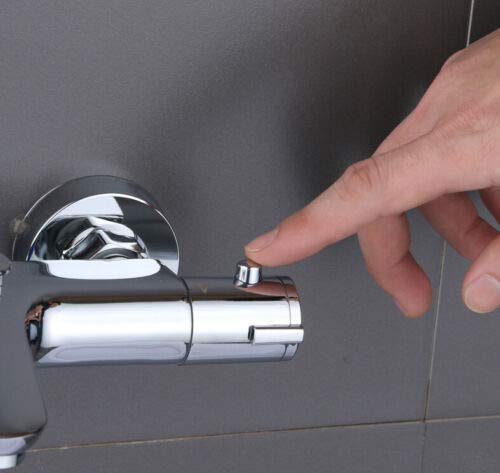 Grifo mezclador para bañera y ducha, de acero inoxidable, con protección contra quemaduras, 20 – 50 ℃, 2 salidas de agua con botón de seguridad de 38 °C
