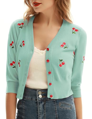 Image of Belle Poque Women's 3 /4 Sleeve V-Neck Button Down Cherries Embroidery Cropped Cardigan Sweater Coat