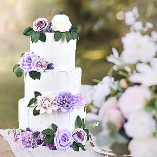Jicko Winco Artificial Purple Flowers Combo Silk Fake Flowers With Stems For Diy Wedding Bouquets Bridal Shower Centerpieces Arrangements Cake Decorations Party Home Decor (Purple & White) #TOP2