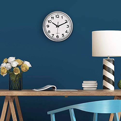 Image of Bernhard Products Wall Clock Silent Non-Ticking Large 12 inch Metal Quartz Battery Operated Easy to Read Office Classroom Kitchen Living Room Bathroom Sweeping Clocks, Silver Frame Black Modern Numbers