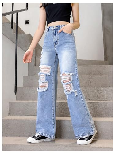 Floerns Girl's Elastic High Waisted Ripped Baggy Jeans Wide Leg Distressed Denim Pants4