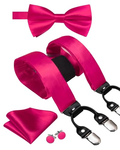 Image of Hi-Tie Men Suspender Bowtie Set Suspenders Pre-tied Bow Tie Pocket Square Cufflinks Adjustable Y Shape 6 Clips Braces Tuxedo