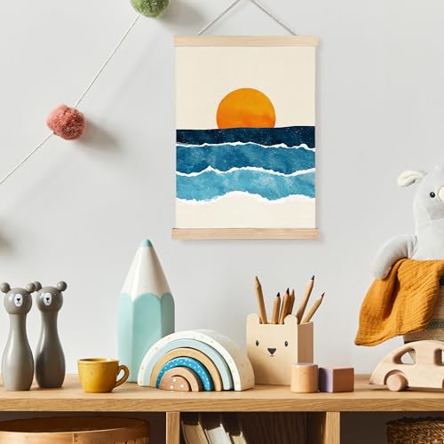 Image of PQKIY Abstract Boho Sun Ocean Wall Art Poster Hanger Frame 12x16 in, Minimalist Mid Century Modern Sunrise Sunset Ocean Waves Wall Decor Canvas Prints for Home Bedroom Living Room