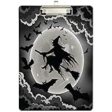 Naanle Witch Silhouette Flying on Broomstick Bats Acrylic Clipboard, A4 Standard Size Sliver Clip Board Decorative for Students, Office, School, Nurses(12.5' x 9')