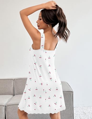 Ekouaer 2er Damen Nachthemden Ärmellos Chemise Nachtwäsche Sexy Full Slips Spitze Negligee V-Ausschnitt Sleepshirt Jersey Dessous Blau+Weiß Kirschen XL
