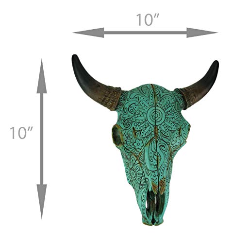 De Leon,Resin Turquoise Floral Tribal Carved Bull Skull Hanging Statue #TOP3