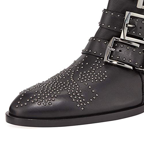 YDN Fashion Straps with Buckle Rivets Studded Flower Pattern Boots Pointed Toe Low Chunky Heels Ankle Zipper Closure Booties for Women Winter Size 4-15 US2