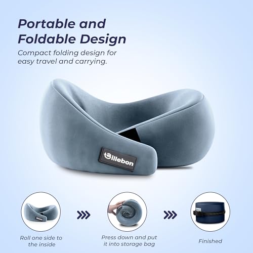 Image of Billebon Gel Infused Memory Foam Neck Pillow with Case, Travel Pillow with Adjustable Velcro Straps, Neck Pillow for Travelling & Flight Travel, Ergonomic Support for Comfort & Pain Relief (Grey)