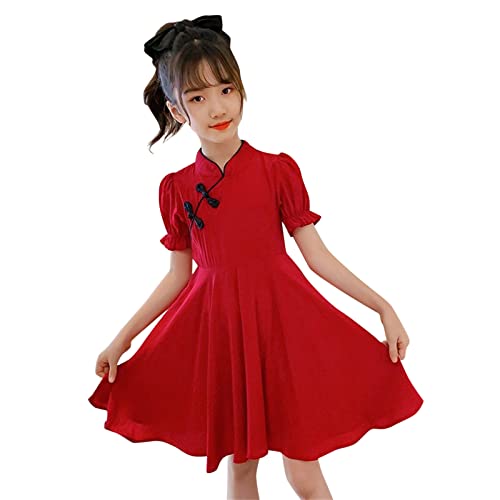 Kids Girls Chinese Dress Short Puff Sleeves Traditional China Dress Toddler A Line Ruffle Clothes