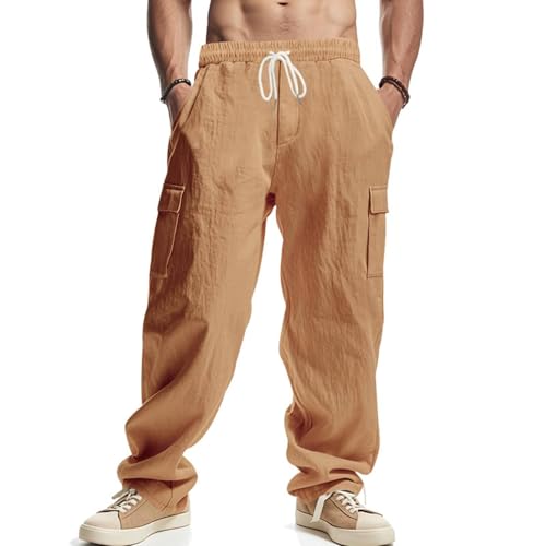 Cotton Linen Cargo Pants for Men Elastic Waist Solid Long Trousers Pockets Drawstring Comfort Trousers Classic Pant2