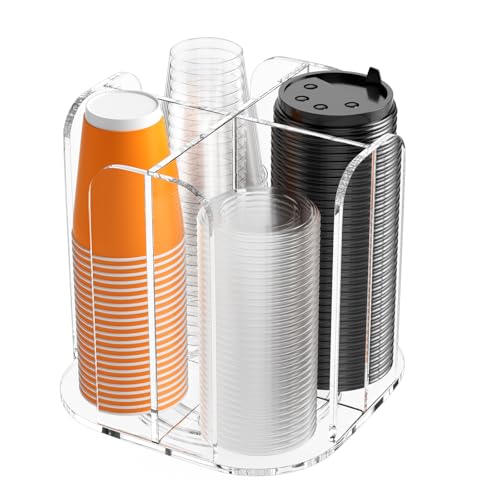 Beego Rotatable 4-Compartment Acrylic Cup Dispenser - Coffee Station Cup and Lid Carousel Countertop Plastic Cup Holder for Restaurant Breakroom Coffee Bar