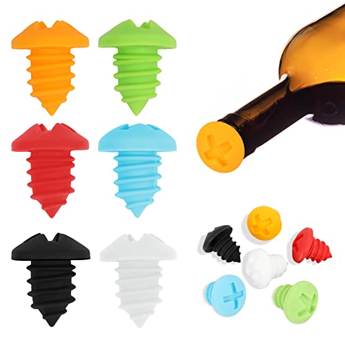 Set de 6 Tapones para Vino en Forma de Tornillo - Silicona Reutilizable para Botellas de Champán, Cerveza y Bebidas