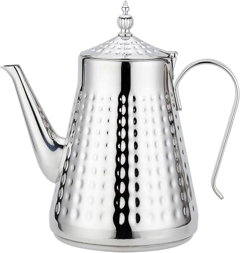 SANQIAHOME 1,8 l (60 oz) Teekanne mit Edelstahlhammermuster, mit Siebeinsatz, mit Teesiebgriff, loser Blattabdeckung, Silber