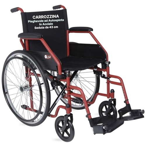 REMEDIA ONE - Carrozzina Pieghevole ad Autospinta in Acciaio Rossa - Sedia a Rotelle per Anziani e Disabili Leggera e Compatta