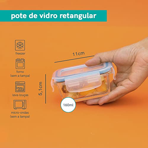 Pote Hermético de Vidro com Tampa Transparente Retangular 160ml - Oikos