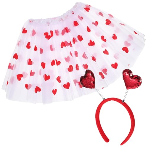 Yardwe Conjunto de Falda Tutú de Tul para Mujer con Cintura Elástica y Diadema con Antena de Corazón Brillante Disfraz de para San Valentín para Fiestas Temáticas y Eventos Románticos