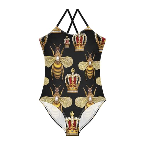 Toddler Girl One Piece Swimsuit, Summer Beach Swim Suits Kids 3-10 Y, Bees Royal Crowns Black