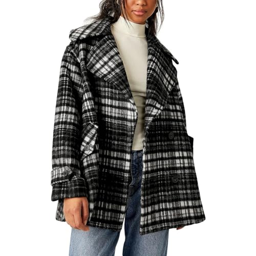 Free People Womens Highlands Wool Blend Plaid Pea Coat