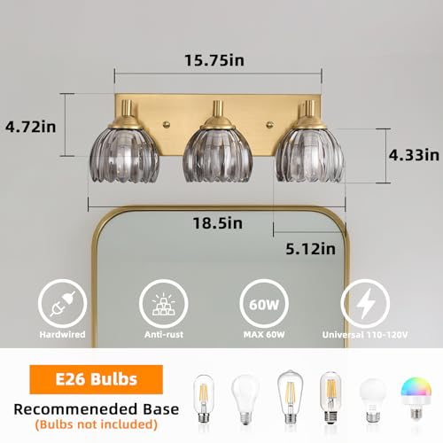 Image of Bathroom Vanity Light Fixtures, 3-Light Brushed Gold Bathroom Light Fixtures Over Mirror, Antique Wall Lights with Smoke Gray Glass Tulip Light Shade for Mirror, Kitchen, Hallway, Cabinet, Porch