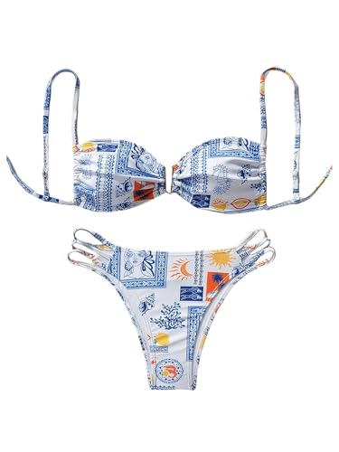Milumia Women's 2 Piece Bikini Set Graphic U Wired Spaghetti Strap Bathing Suits