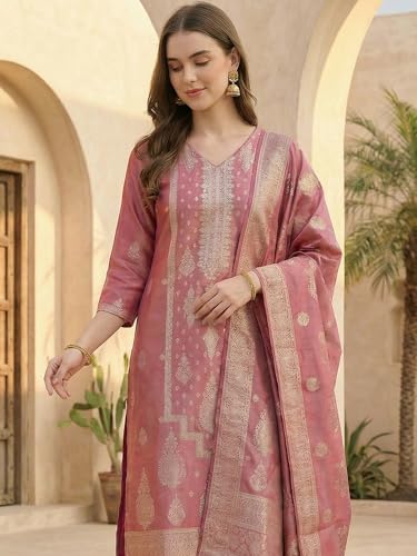 Image of INDO ERA Women's Purple Silk Blend Woven Design Straight Kurta and Pant with Dupatta Set (IESTR5599)