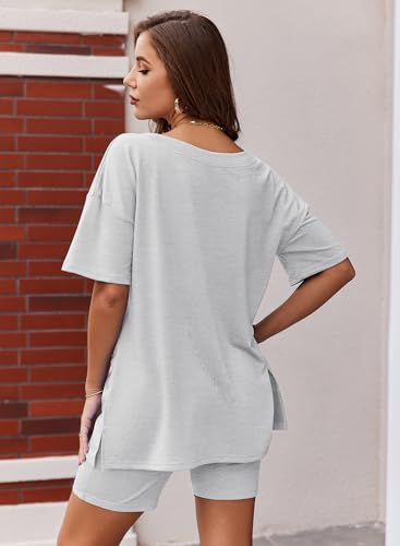Image of Ekouaer Womens Pajamas 2 Piece Lounge Sets Oversized V Neck T-Shirts Tops Biker Shorts Set Workout Reversible Tracksuit S-XXL