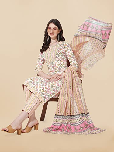 Image of MIRCHI FASHION Pure Cotton Women Straight Print & Thread Embroidery Kurti Set with Dupatta & Pant