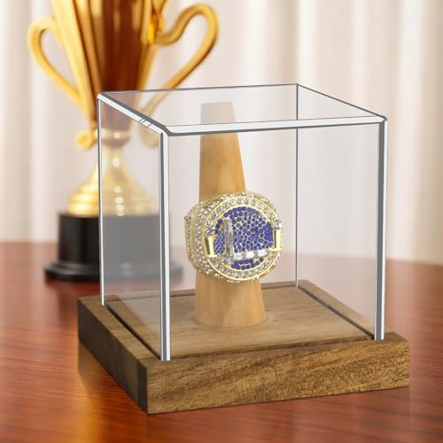 Image of Hooqict Championship Ring Display Case Clear Acrylic Ring Case Display Box UV Protected with Wood Base Stand for Sports Baseball Basketball Softball Football Single Ring Holder Coin Stand